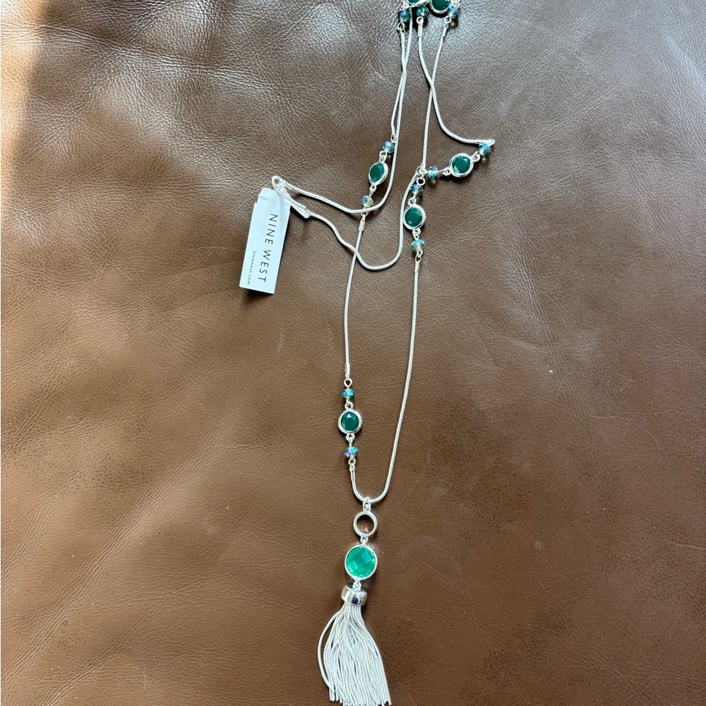 Nine West Silver-Tone Long Necklace with Green Stones and Tassel